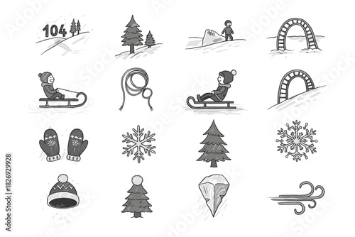 Winter activities and nature icons with sledding, snowflakes, and trees