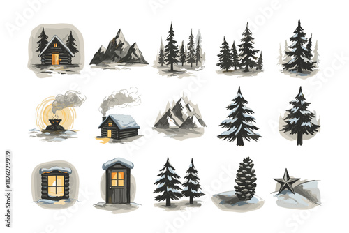 Cozy winter cabin: hand-drawn rustic charm in snowy forest setting