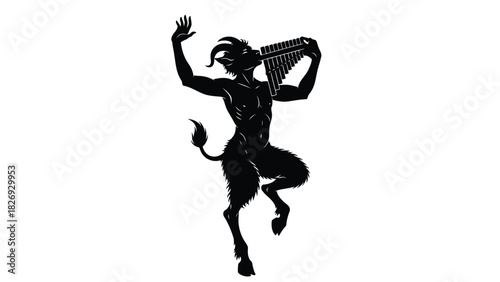 Black silhouette of muscular Pan or Satyr playing a pan flute with raised hand, dynamic mythological creature vector art, logo design, isolated on white background