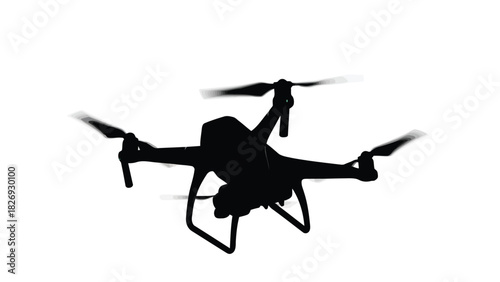 Black silhouette of a modern quadcopter drone hovering with spinning propellers, minimalist vector art, technology concept, isolated on white background