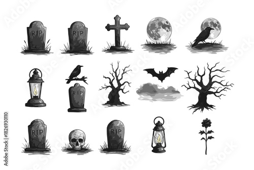 Spooky halloween gravestones and creepy trees with full moon elements