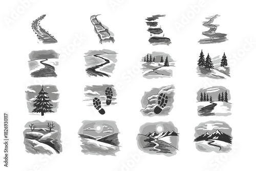 Monochrome winter landscapes and paths