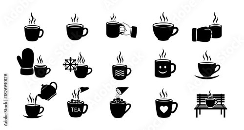 Silhouette icons of hot beverages: winter drinks collection