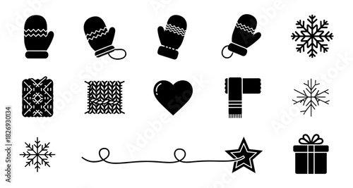 Winter silhouette icons with mittens, snowflakes, heart, and gift elements