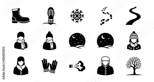 Winter icons collection: silhouettes of snow, clothing, and nature elements