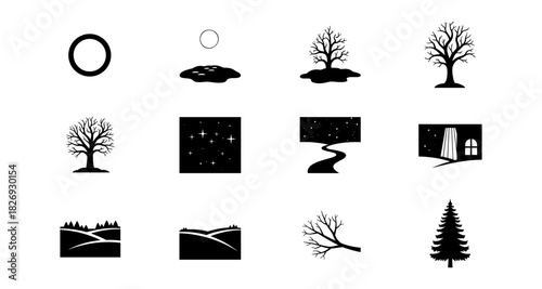 Silhouette nature icons: trees, landscapes, night sky elements for minimalist designs