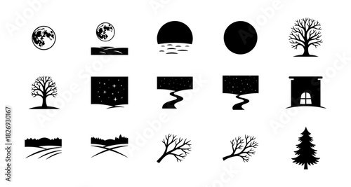 Nature silhouette icons: trees, landscapes, moon, and stars