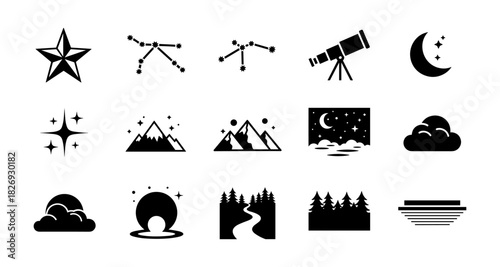 Night sky silhouettes: stars, moon, telescope, mountain, and forest icons