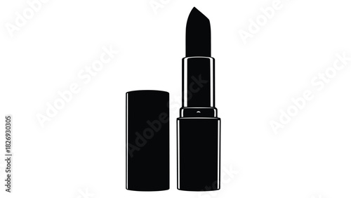 Black silhouette of open lipstick tube with pointed tip and detached cap, simple cosmetic icon, flat vector art design, isolated on white background