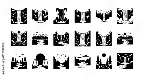 Black and white silhouette landscape icon set featuring waterfalls and nature scenes