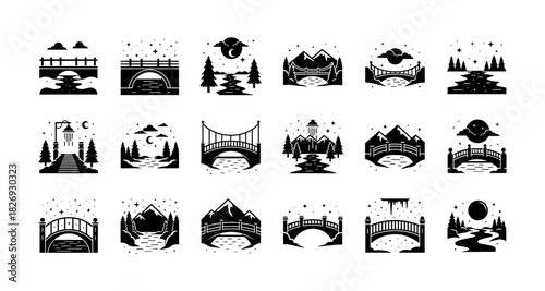 Serene bridge silhouettes at night with scenic landscapes