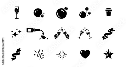 Celebration icons: bubbles, toast, and festive elements in bold silhouette style