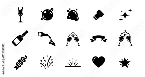 Celebration icons set: champagne, toasting, and sparkle elements in silhouette style