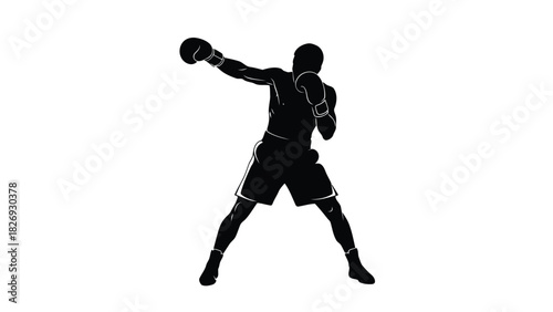 Black silhouette of a boxer throwing a powerful straight punch with boxing gloves, dynamic sports action pose, clean vector art graphic design, isolated on white background