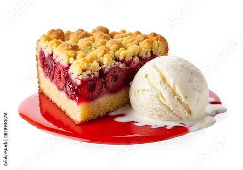 Slice of cherry crumble cake with vanilla ice cream on red plate