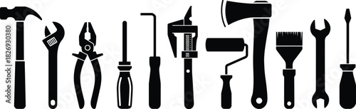 Silhouette hand tools including hammer, wrench, pliers, screwdrivers, axe, roller and brush, construction equipment illustration for repair, maintenance and DIY projects
