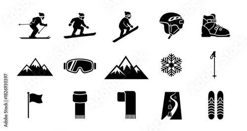 Winter sports icon set: skiing, snowboarding, and safety gear in silhouette design
