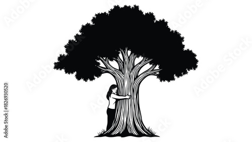Woman embracing large, detailed tree trunk with flowing lines, symbolizing nature love and environmental care, black and white vector art, sticker design, isolated on white background
