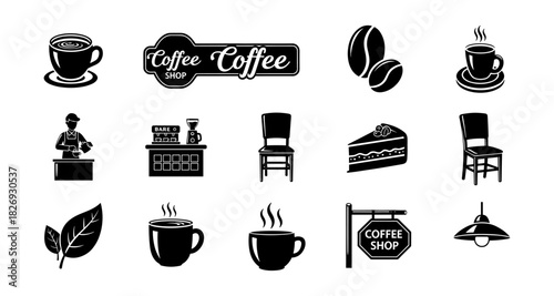 Coffee shop icons set in black silhouette style for cafes and menus
