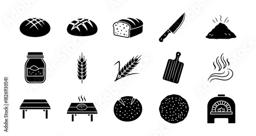 Essential bread making icon set: sourdough, wheat, oven, and tools in silhouette design