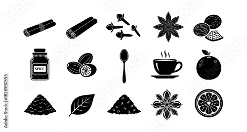 Flat silhouette icons of spices and herbs with tea elements in black and white
