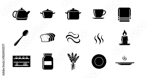 Minimalist kitchen icons: teapot, pot, cup, bread, and more in black silhouette style