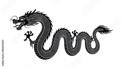 Black Chinese Dragon Silhouette with Detailed Scales and Claws Winding in S Shape, Traditional Asian Mythology Symbol, Clean Vector Art Sticker Design, isolated on white background