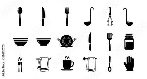 Kitchenware silhouette collection: utensils, crockery, and tools