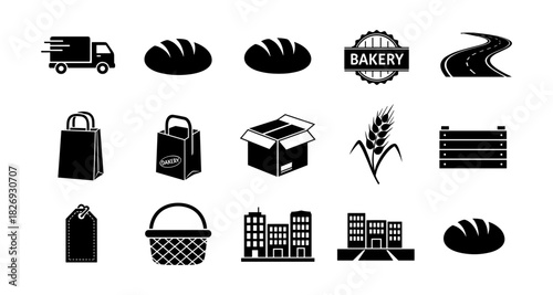 Essential bakery icons: delivery, breads, packaging, and urban elements in bold silhouette