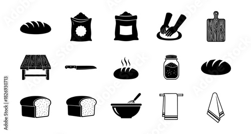 Bakery and cooking icon set: bread, tools, ingredients in silhouette style