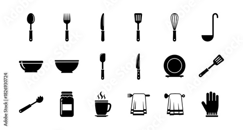 Essential kitchen utensils: modern black silhouettes for culinary designs