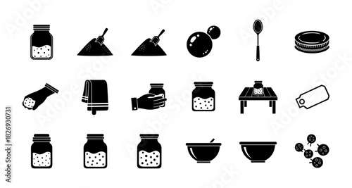Simple icons: sugar, jars, dishes, and baking tools in black silhouette style