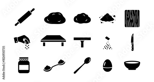 Silhouette icons of baking tools and ingredients for kitchen and cooking