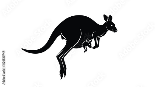 Black silhouette of a jumping kangaroo mother carrying a joey in her pouch, dynamic wildlife graphic, clean vector art, logo design, isolated on white background