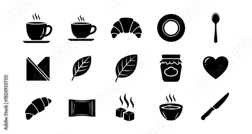 Breakfast icons set: coffee, pastry, spoon, leaf, knife, bowl, line art collection