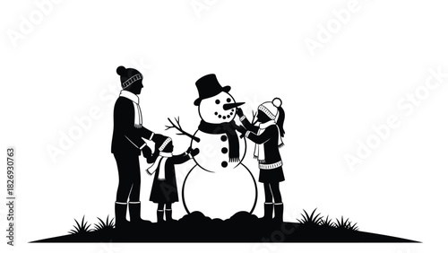 Father and two children building a snowman together, wearing winter hats and scarves, black silhouette vector art, family winter activity, isolated on white background