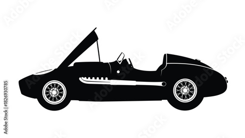 Black silhouette of vintage open-top racing car with hood open and side exhaust pipe, classic sports vehicle profile, flat vector art design, isolated on white background