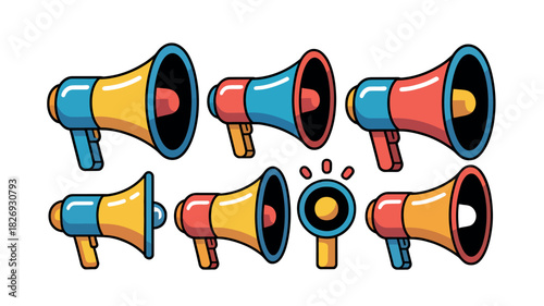 A vibrant collection of colorful megaphones illustrates communication and announcement concepts, offering a visual representation for various messages and calls to action.