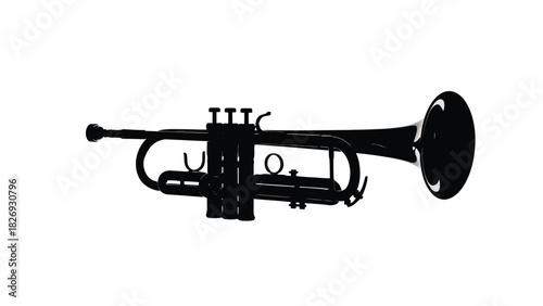 Black silhouette of a classic brass trumpet musical instrument with three piston valves and flared bell, clean vector graphic design, isolated on white background