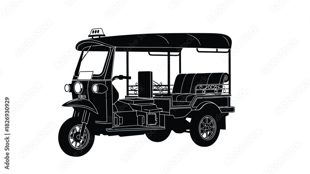 Fototapeta premium Black and white silhouette vector illustration of a classic Thai Tuk Tuk auto rickshaw taxi with detailed wheels and canopy, graphic design, isolated on white background