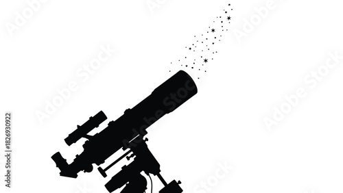Black silhouette of astronomical telescope pointing upwards emitting a stream of sparkling stars, simple graphic design, flat vector art, isolated on white background