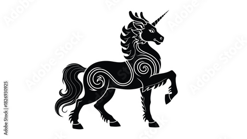 Black heraldic unicorn silhouette with ornate swirling tribal patterns and sharp horn, rearing pose, mythical creature vector art, logo design, isolated on white background