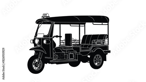 Black and white silhouette vector illustration of a classic Thai Tuk Tuk auto rickshaw taxi with detailed wheels and canopy, graphic design, isolated on white background
