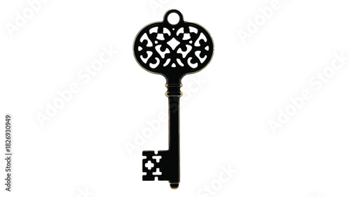Ornate black antique skeleton key with intricate filigree bow and detailed bit, vintage metal object design, flat vector art, logo concept, isolated on white background