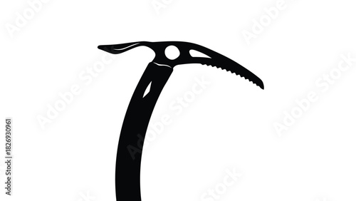 Black silhouette of modern technical ice axe head with curved shaft and serrated pick for mountaineering and ice climbing, flat vector icon design, isolated on white background