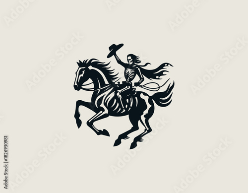 lack silhouette illustration of a skeleton rider on a galloping horse, holding up a cowboy hat.