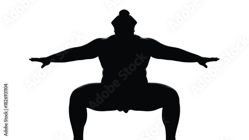 Powerful Sumo Wrestler Silhouette in Shiko Stance with Arms Extended, Strong Japanese Martial Arts Concept, Black Graphic Icon, Flat Vector Art, isolated on white background