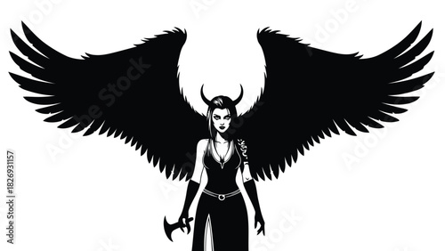 Fierce dark angel woman with large black feathered wings, horns, and holding a small battle axe, gothic fantasy character portrait, vector art, logo design, isolated on white background