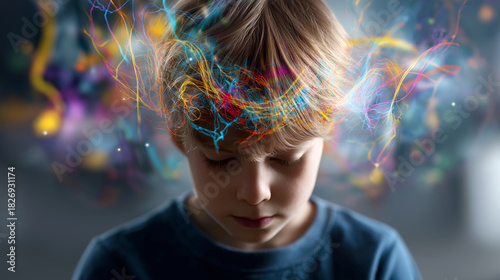 Youngster surrounded by chaotic swirls representing awareness and creativity faceless child defocused vibrant background developmental condition visualization creative