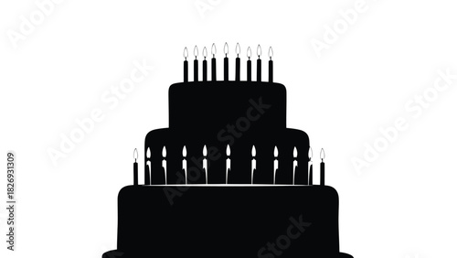 Black silhouette of a three-tiered birthday cake with many lit candles on top, simple celebration graphic, flat vector art, icon design, isolated on white background